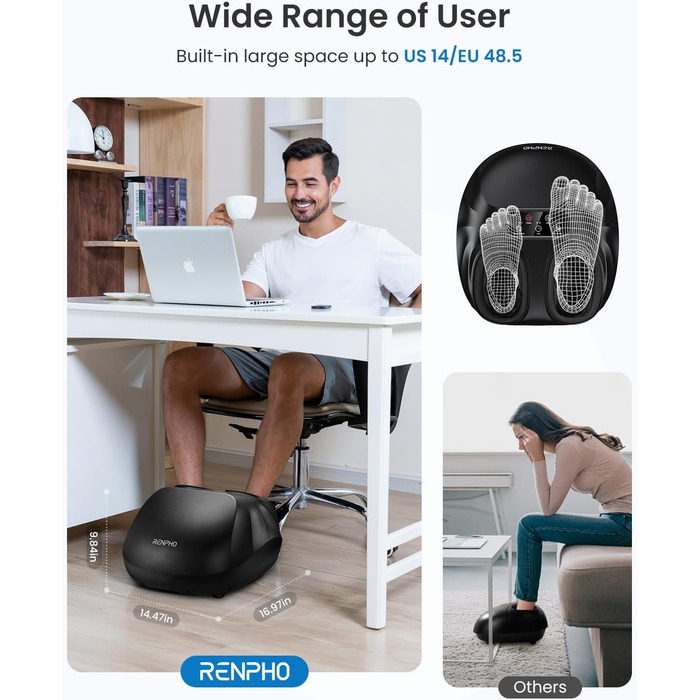 Масажер для ніг RENPHO з підсвічуванням, Shiatsu, нагрів, пульт, для чоловічих ніг до 48 розміру ЄС, чорний 069R