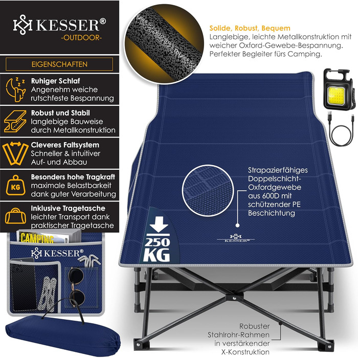 Кемпінгове ліжко KESSER® розкладне, металеве, 210 см, Navy Blue (темно-синій) з сумкою та ліхтарем