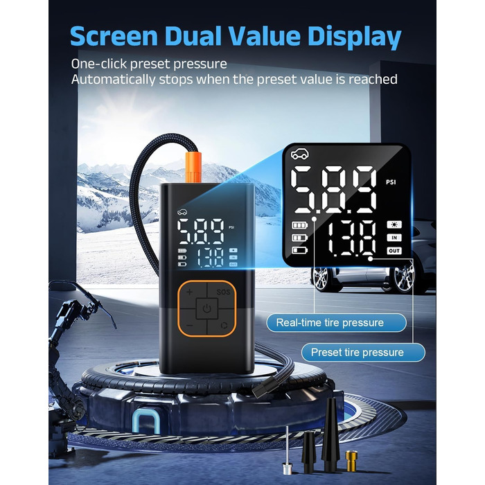 Електрична повітряна помпа, бездротова помпа для шин велосипеда з цифровим манометром (150 PSI), LED-ліхтар, для авто/велосипеда/мотоцикла/м'яча