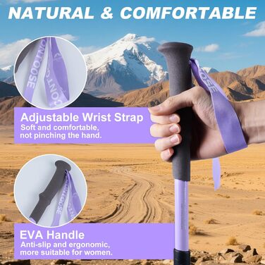 Телескопічна палиця для скандинавської ходьби Qoosea для жінок, вуглецеве волокно, складана трекінгова палиця 110-125 см з гумовим наконечником та сумкою (фіолетова)