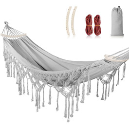 Гамак для відпочинку на відкритому повітрі: кемпінг, балкон, сад. З дерев'яною перекладиною, ременями та сумкою. Сірий з бахромою