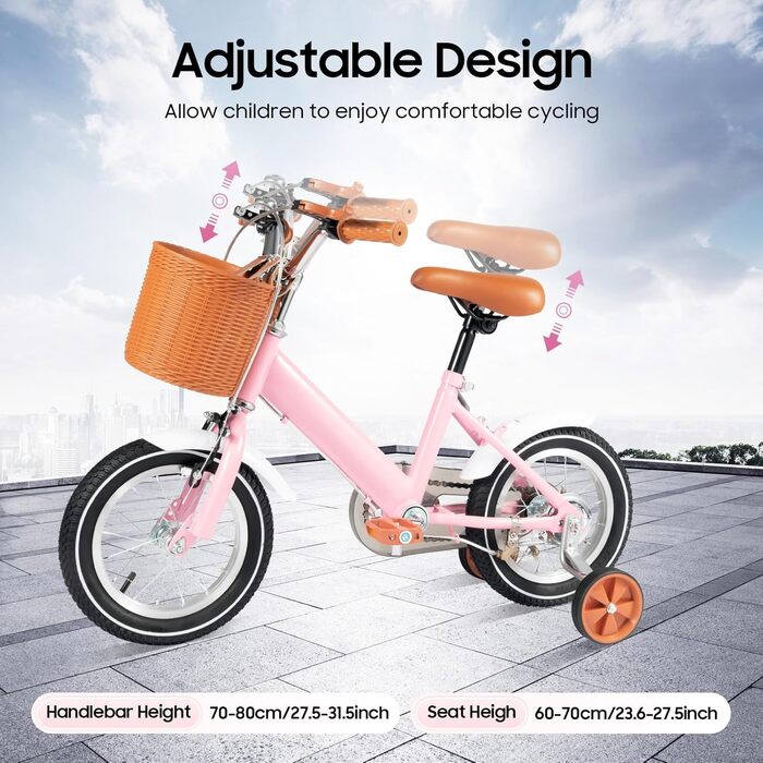 Дитяче велосипед 12 дюймів, регульований по висоті, з додатковими колесами та кошиком. Підходить для дітей 2-4 років, рожевий.