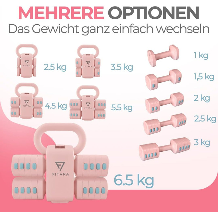Регульовані гантелі 2 в 1 + гвинтівка (kettlebell) – Набір гантелей для жінок, Рожеві, короткі гантелі 1–3 кг & гвинтівка 2,5–6,5 кг, з 3 еластичними стрічками та інструкцією