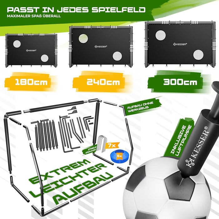 Ворота футбольні KESSER® для саду, міцні, для тренувань, з UV-стійким сіткою, сталевий каркас з оббивкою, фіксатори для землі, насос, конуси, аксесуари для монтажу (240см, з торговою панеллю, антрацит)