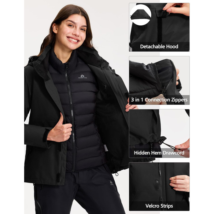 Зимова куртка Pioneer Camp для жінок – 3 в 1, для катання на лижах та сноуборді, водонепроникна, дихаюча, з бавовняною підкладкою (Чорний, L)