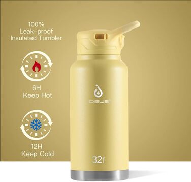 Термос IDEUS з нержавіючої сталі, 950 мл, жовтий. Спортивна пляшка-термос з подвійними стінками та надійним кришкою.