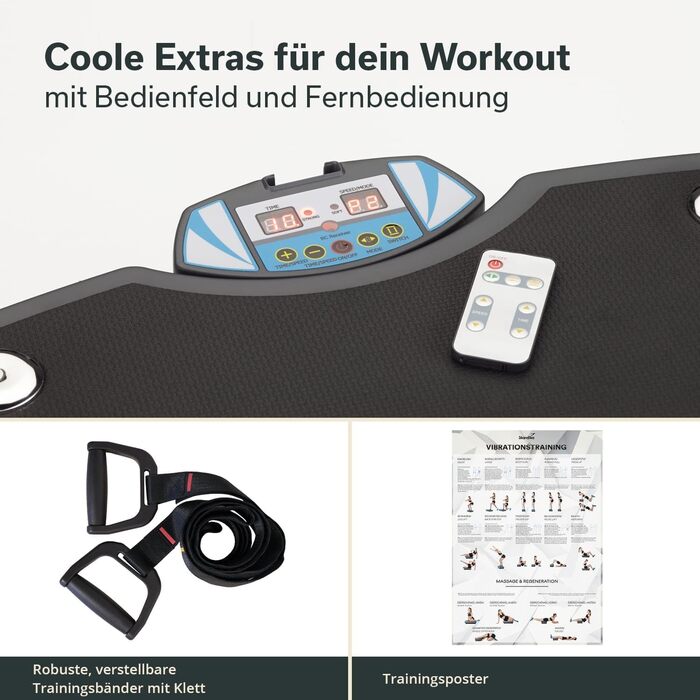 Вібраційна платформа Skandika Vibrationsplatte 500 3D | велика протиковзка поверхня | 4 програми + 20 рівнів | фітнес вдома | з тренувальними гумками, пультом ДУ та постером