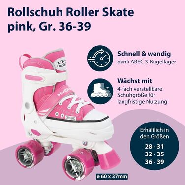 Роликові ковзани Hudora Pink/Schwarz, регульовані, ABEC 3, для дітей та підлітків, 32-35, з нейлоновим черевиком та алюмінієвим шасі