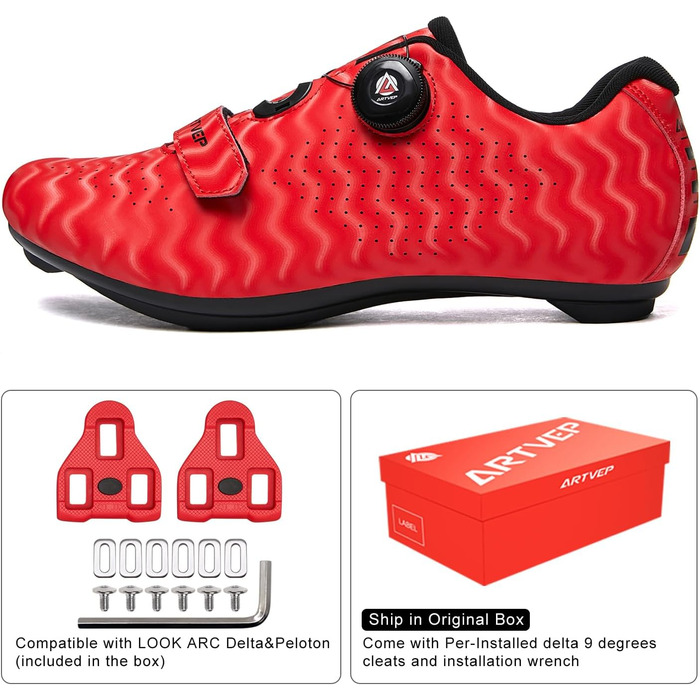 Велосипедні черевики для чоловіків та жінок. Сумісні з педалями Look SPD, SPD-SL, Delta Lock. Підходять для Peloton. Червоні, розмір 38 EU.