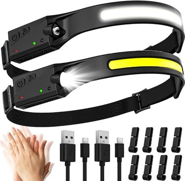 LED налобний ліхтар, перезаряджається, 2000 люменів, 5 режимів, 1200mAh, 230°, водонепроникний IPX4, для кемпінгу, бігу, риболовлі, 2 шт.