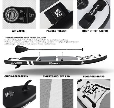 SUP дошка TIGERXBANG Defender-Pro надувна, 305 см, чорна - для стійкої плавучості та веслування