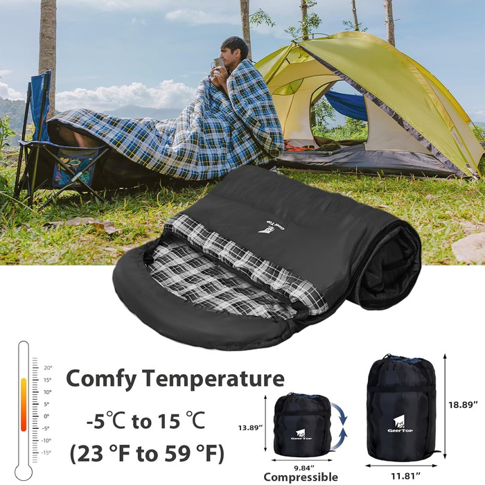 Сплячий мішок GEERTOP XXL 4 сезони, фланелевий, 220x100 см, для дорослих, кемпінг, подорожі, туризм, чорний у синьому клітинку