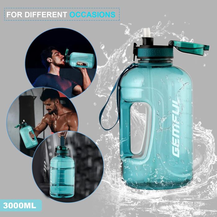 Пляшка спортивна GEMFUL 3л з мітками часу, соломинкою та ручкою, сіра. BPA-free, герметична, для фітнесу, тренувань та активного зволоження