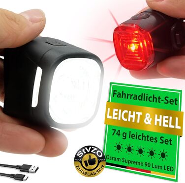 Велофара WIDDER: комплект передньої та задньої велофари LED 90 люмен, USB-C, StVZO, для дорослих/дітей