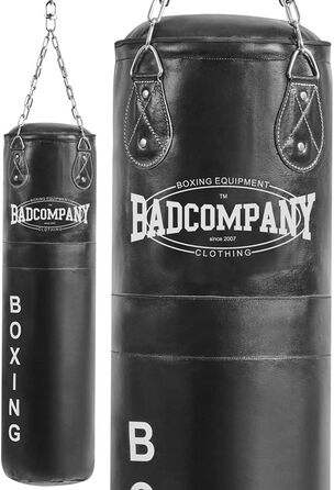 Боксерський мішок Bad Company зі шкіри, наповнений/порожній, з важкою сталевою чотириточковою ланцюговою підвіскою, чорний, 80/100/120/150/180x35 см