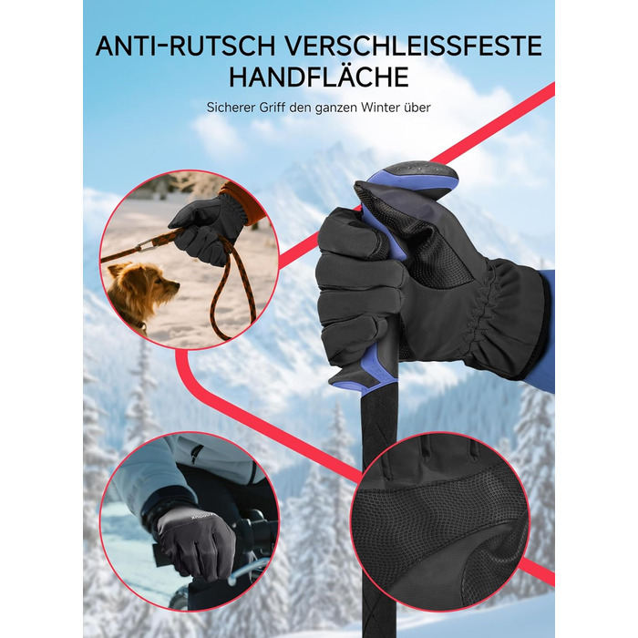 Терморукавички Trendoux для чоловіків та жінок: теплі, водонепроникні, вітронепроникні рукавички для велосипеда, катання на лижах, бігу з підтримкою сенсорного екрану та м'яким флісовим підкладкою, чорні