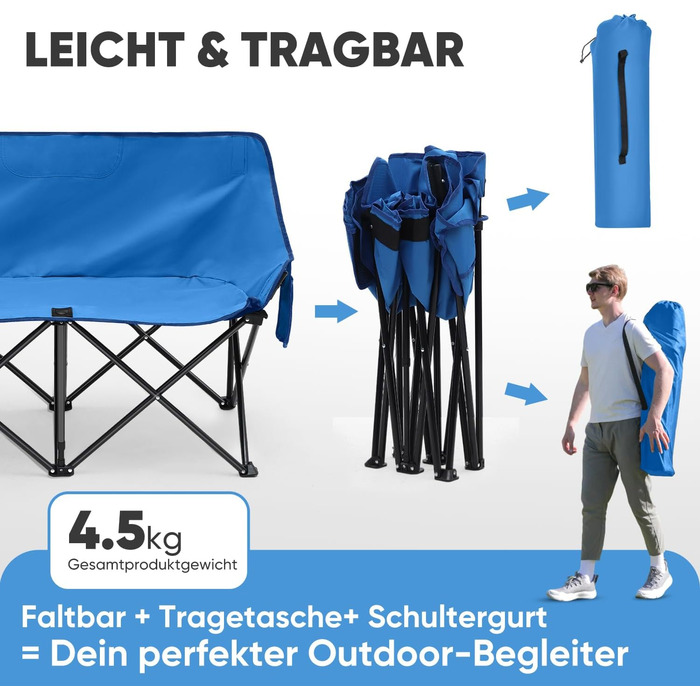 Складне крісло-диван для кемпінгу Sunula на 2 особи - портативне крісло з підлокітниками та сумкою, ідеально для пікніків, кемпінгу, саду, балкону, намету та риболовлі. Синій, 110 см