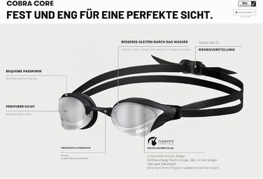 Окуляри для плавання Arena Cobra Core Swipe Mirror Unisex - дзеркальні, антифог, UV-захист, 5 носових перемичок, чорний