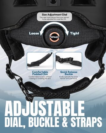 Шолом для лижного спорту, унісекс, чорний, 59-61 см. Регульований, з 12 вентиляційними отворами та знімним підкладкою та навушниками