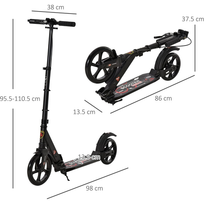 HOMCOM Скутер кикборд складаний, чорний, для підлітків та дорослих, до 100 кг, з двома гальмами та подвійною підвіскою