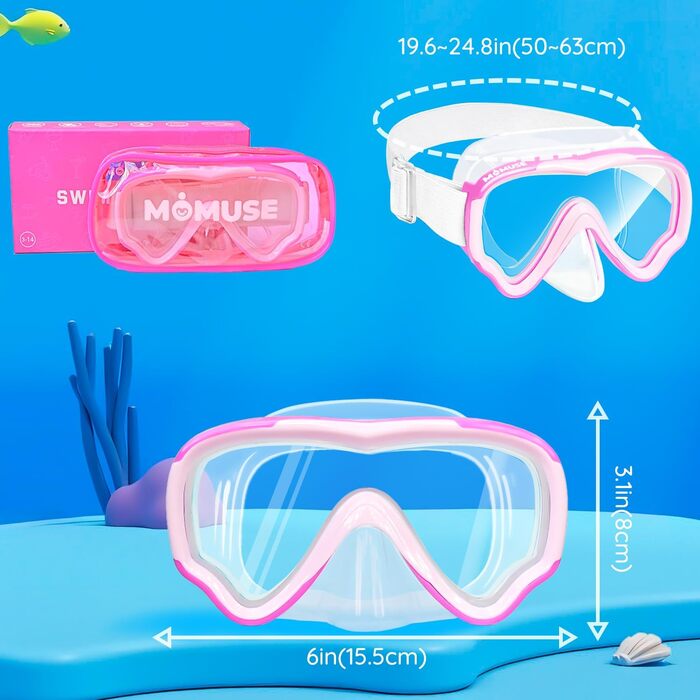 Дитячі окуляри для плавання MOMUSE з м'якою стрічкою, 3D-переніссям, антифог та небитними лінсами, рожеві (3-14 років)