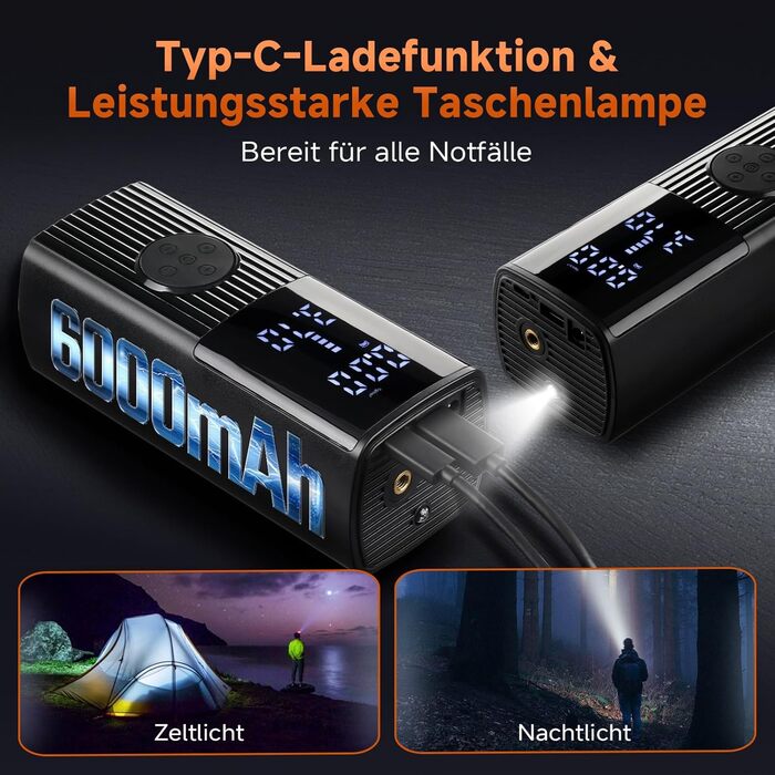 Портативний електричний компресор GEAREVER 6000mAh, 150 PSI, 12V, з LED-ліхтарем та USB Powerbank для авто, велосипедів, мотоциклів і м'ячів