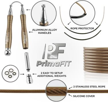 Скакалка PrimaFIT для дорослих: професійна, регульована, з вагою, 3м, 2 підшипники, антиковзні ручки, для боксу, MMA, кросфіту, сталевий трос, сумка (бронза)