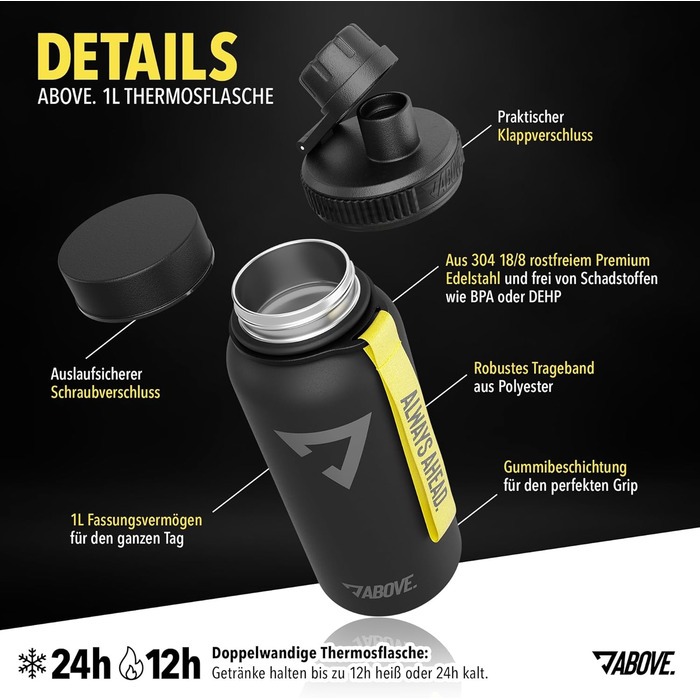 Термос-пляшка з нержавіючої сталі 1 л ABOVE, герметична, BPA Free, з додатковою кришкою, зберігає тепло до 12 годин і холод до 24 годин, для спорту, фітнесу, туризму, чорна