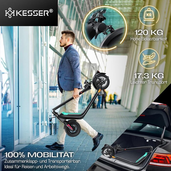 Електросамокат KESSER з дорожнім допуском, 40 км, складаний, 36В 10Аг, мотор 450Вт, навантаження до 120кг, 10