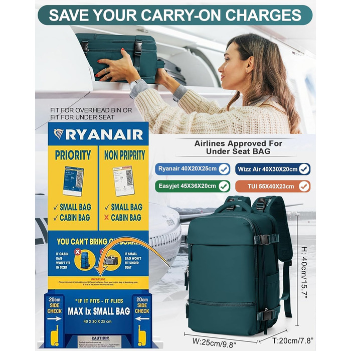 Рюкзак для ручної поклажі 40x20x25 см водонепроникний для Ryanair та EasyJet, дорожній рюкзак під сидіння, повсякденний синій рюкзак для подорожей і походів