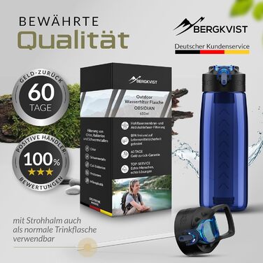 Туристична фільтр-пляшка BERGKVIST OBSIDIAN 650 мл з компасом, синя – пляшка для очищення води для кемпінгу, виживання, мандрівок