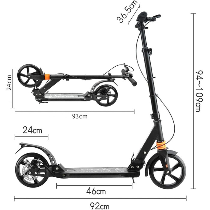 Самокат Kickscooter для дорослих і дітей, з амортизацією, 200 мм колеса, складаний, регульована висота, міський, з ручним і ножним гальмом