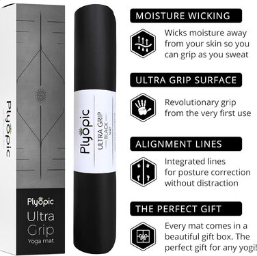 Преміум килимок для йоги Plyopic Ultra-Grip Pro — антиковзкий, стійкий до поту, з лініями вирівнювання, для йоги, пілатесу, тренувань, Бікрам та хот-йоги