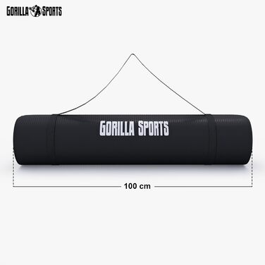 Йога мат GORILLA SPORTS® 190x100x1,5 см з ручним ременем, не містить фталатів, антиковзаюча, чорна. Підходить для фітнесу, гімнастики та тренувань