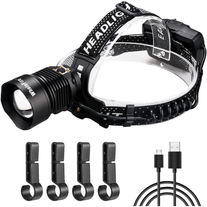 LED налобний ліхтар WholeFire XHP90 з 3 режимами, 15000 люменів, USB, водонепроникний, з регулюванням фокусу, потужний, для кемпінгу, бігу та іншого