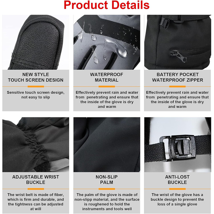 Гріючі рукавички 7.4V 3000mAh для жінок та чоловіків, водонепроникні, вітронепроникні, з підтримкою сенсорного екрану, для мотоциклів, катання на снігоходах, туризму та кемпінгу, чорні, XL