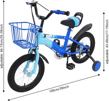 Дитяче велосипед 14 дюймів для хлопчиків та дівчаток з додатковими колесами та кошиком, від 3 років, з двома гальмами, регульоване кермо та сидіння (блакитний)