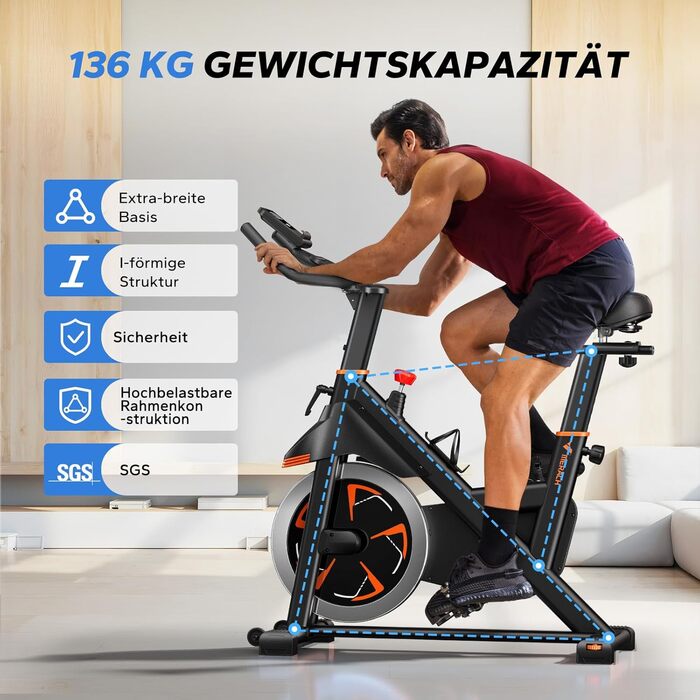 Велотренажер MERACH з магнітним опором, тихий, з амортизованим сидінням, LED-монітором та власним додатком для кардіотренувань вдома, помаранчевий