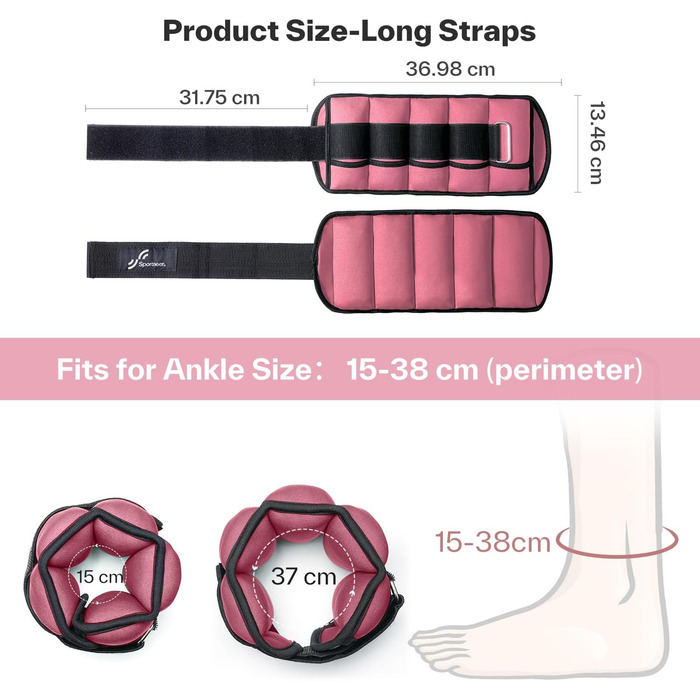 Штанги на щиколотки Sportneer, регульовані, 1 пара (0.9-4.5 кг), для фітнесу, тренувань, ходьби, бігу (персиковий рожевий)