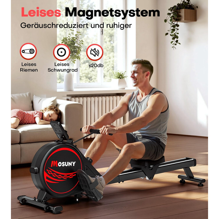 Гребний тренажер для дому з регулюванням опору 16/32 рівні, тихий магнітний, з LCD-дисплеєм, до 180 кг, чорний+червоний