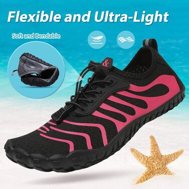 Водні черевики для плавання та відпочинку на пляжі: чоловічі та жіночі, швидко сохнуть, з дренажними отворами. Ідеально для басейну, моря, каякінгу та фітнесу. Розміри 36-46 EU (37 EU, чорний, рожево-червоний)