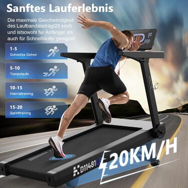 Бігова доріжка для дому Laufband 7HP, складний, кут нахилу 20%, швидкість 1-20 км/год, макс. вага 180 кг, Bluetooth, пульсометр, LED-дисплей, тримач для планшета, преміум чорний