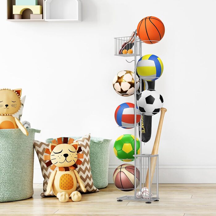 Металева стійка для м'ячів Smusei, 7-ярусна, з 2 кошиками та гачками. Організатор для баскетболу, футболу, волейболу та інших м'ячів. Сріблястий колір
