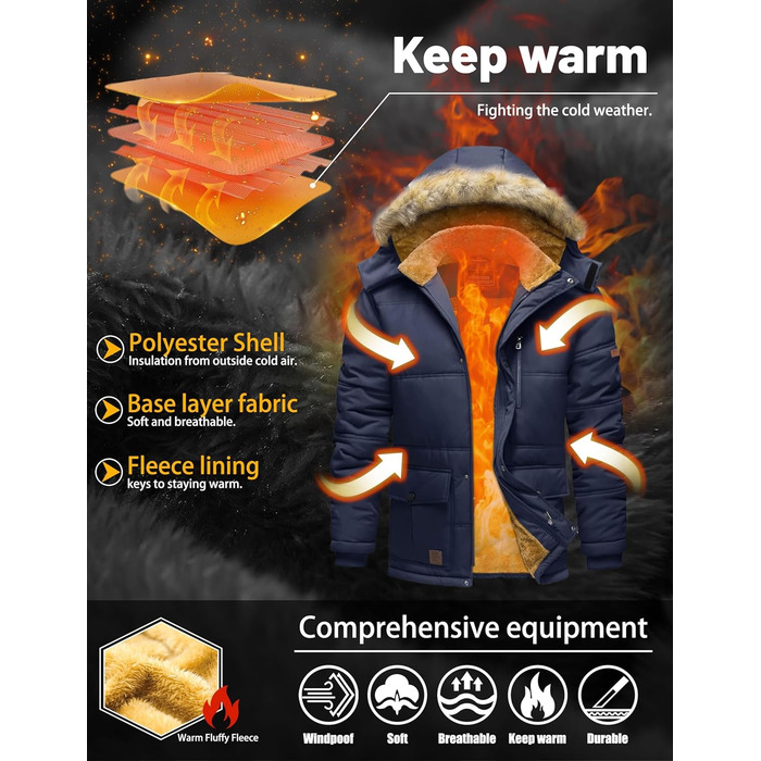 TACVASEN чоловіча зимова куртка, водонепроникна, вітронепроникна, з підкладкою, тепла стьобана куртка з відстібною капюшоном (M, Navy)