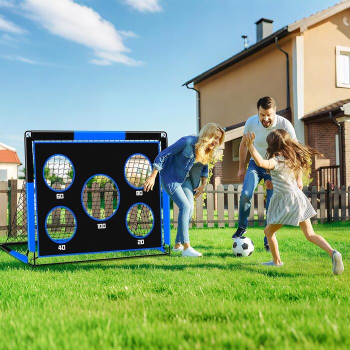 Дитячі ворота для футболу 2-в-1, 150 x 120 см, переносні та стабільні, з 5 цілями, 4 земляні кілочки та сумка, для саду, парку, пляжу (блакитні)