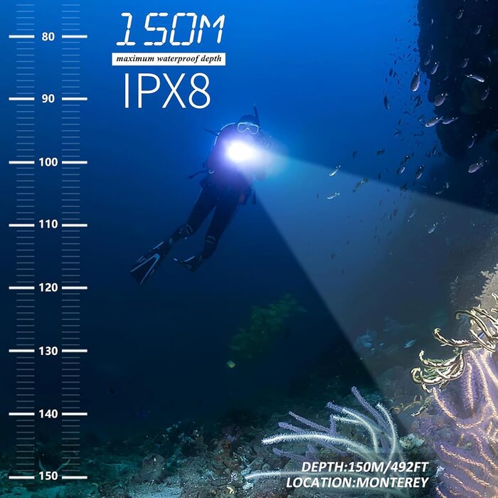 Ліхтар під водою Genwiss 2000 Люмен, IPX8, акумуляторний, для дайвінгу та снорклінгу