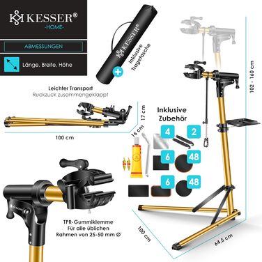 Підставка для велосипедів KESSER® Profi Alu: Ремонт, обслуговування, 360° обертання. Підходить для гірських, електровелосипедів та звичайних велосипедів. В комплекті сумка, набір для ремонту та магнітний органайзер для інструментів.