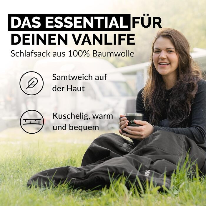 Спальний мішок туристичний, 100% бавовна, до -3°C з подушкою. Підходить для жінок та чоловіків. Розмір 75x190 см, 3-4 сезони, теплий, чорний.