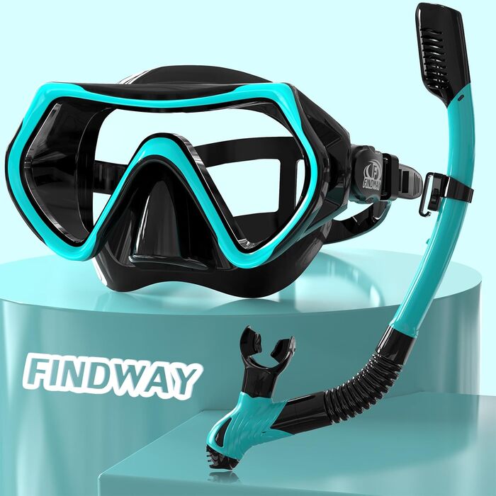 Маска для снорклінгу та плавання Findway, чорно-бірюзова, для дорослих та підлітків, з регульованим ремінцем, HD скло, антизапотева