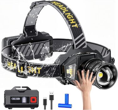 Ліхтар на лоб Spardar 120000 люменів, акумулятор 9000 mAh, регульований, 7 режимів, IPX7, для кемпінгу, полювання та бігу (білий/жовтий)